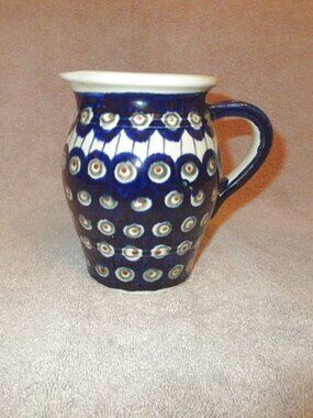 Polish Pottery Blue Eyed Peacock Pitcher Creamer Boleslawiec Painted Stoneware